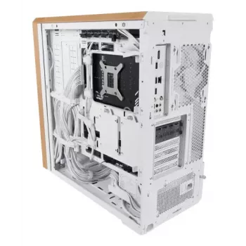 PC korpus Lian Li Lancool 217 Midi Tower — valge ja puit, toetab ATX/EATX/Micro-ITX, 2x120mm ees, 1x140mm taga, 1×3,5 tolli + 8×2,5 tolli