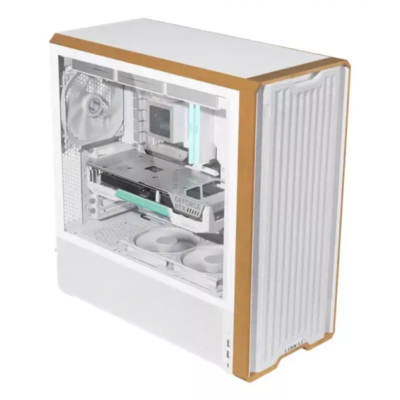 PC korpus Lian Li Lancool 217 Midi Tower — valge ja puit, toetab ATX/EATX/Micro-ITX, 2x120mm ees, 1x140mm taga, 1×3,5 tolli + 8×2,5 tolli