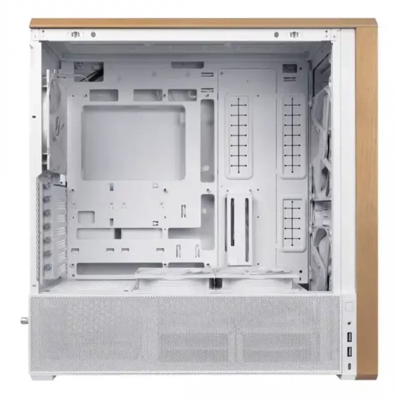 PC korpus Lian Li Lancool 217 Midi Tower — valge ja puit, toetab ATX/EATX/Micro-ITX, 2x120mm ees, 1x140mm taga, 1×3,5 tolli + 8×2,5 tolli