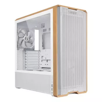 PC korpus Lian Li Lancool 217 Midi Tower — valge ja puit, toetab ATX/EATX/Micro-ITX, 2x120mm ees, 1x140mm taga, 1×3,5 tolli + 8×2,5 tolli