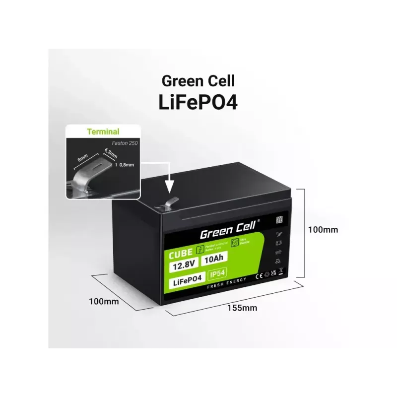 Laetav tööstuslik aku roheline Cell LFPGC12V10AH 12,8 V 10 Ah LiFePO4, 155x100x100 mm, 2 kg