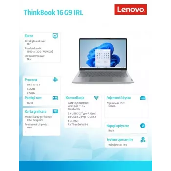 Sülearvuti Lenovo ThinkBook 16 G9 21US007PPB, Intel 7 240H, 16,0 tolli WUXGA, 16 GB muutmälu, 512 GB SSD, Windows 11 Pro, Luna hall, 3-aastane garantii
