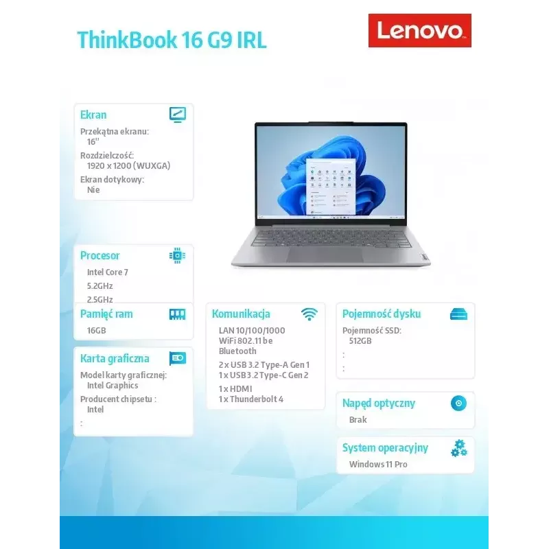 Sülearvuti Lenovo ThinkBook 16 G9 21US007PPB, Intel 7 240H, 16,0 tolli WUXGA, 16 GB muutmälu, 512 GB SSD, Windows 11 Pro, Luna hall, 3-aastane garantii