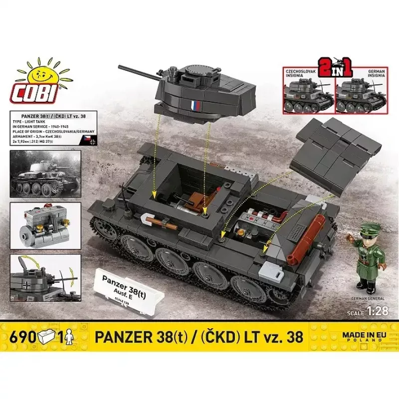 Ehituskomplekt Cobi Blocks Panzer 38 VZ.38 690 elementi – mõõtkavas mudeli ehituskomplekt