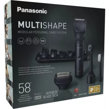 Reisitrimmer Panasonic X-Shape Travel — sinine, liitium-ioon aku, sisseehitatud, mitu lisaseadet (habe, keha, juuksed, fooliumhabemeshaver, hambahari), 1–30 mm, 196×49×43 mm