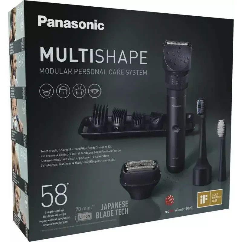 Reisitrimmer Panasonic X-Shape Travel — sinine, liitium-ioon aku, sisseehitatud, mitu lisaseadet (habe, keha, juuksed, fooliumhabemeshaver, hambahari), 1–30 mm, 196×49×43 mm