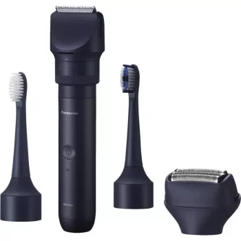 Reisitrimmer Panasonic X-Shape Travel — sinine, liitium-ioon aku, sisseehitatud, mitu lisaseadet (habe, keha, juuksed, fooliumhabemeshaver, hambahari), 1–30 mm, 196×49×43 mm