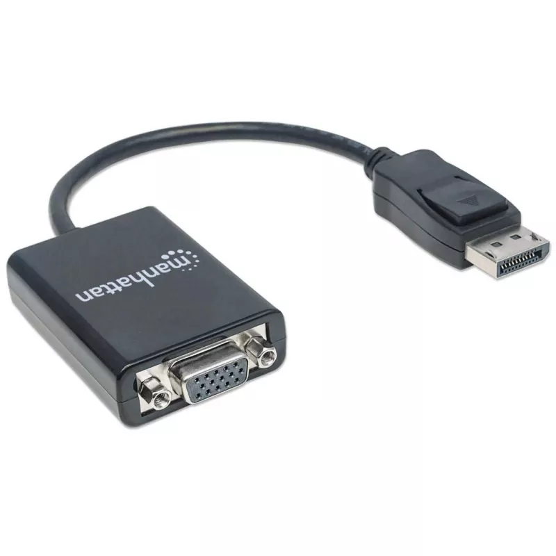 Manhattan DisplayPort VGA HD15 muundurkaabel, 15 cm, isane emasele, aktiivne, DP riiviga, must, eluaegne garantii, samaväärne DP2VGA2-ga