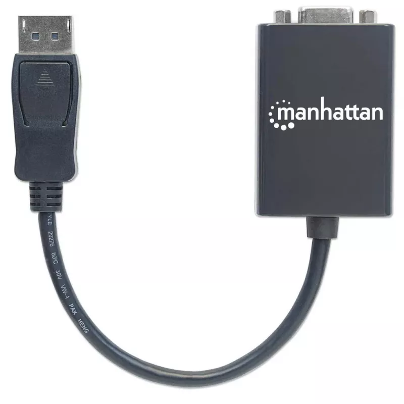 Manhattan DisplayPort VGA HD15 muundurkaabel, 15 cm, isane emasele, aktiivne, DP riiviga, must, eluaegne garantii, samaväärne DP2VGA2-ga