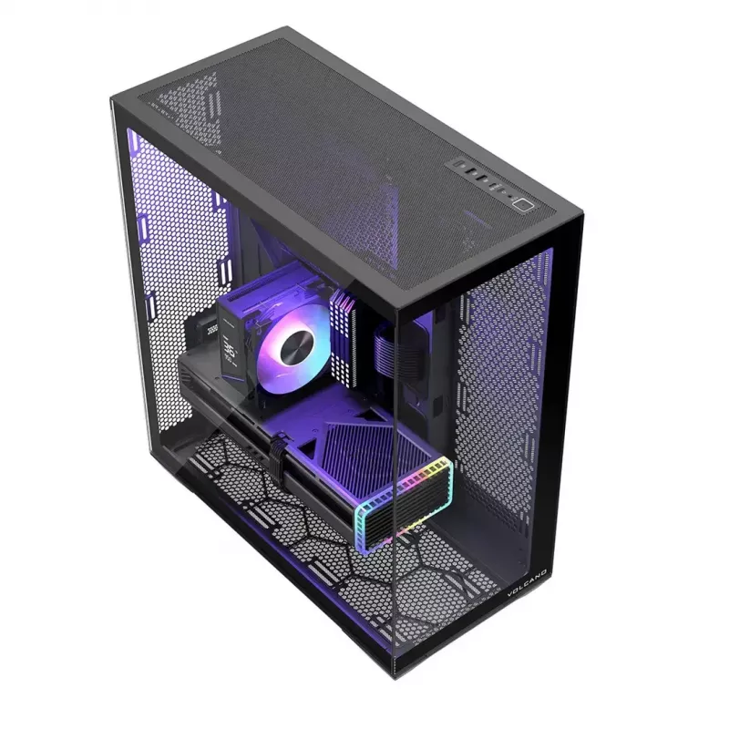 Full-Tower PC Case MODECOM Volcano SPACE XL NF — Must, karastatud klaas, ARGB, toetab micro-ATX, kuni 44 cm GPU, 3×3,5 tolli/4×2,5 tolli pesa, USB-A 2×, USB-C 1×