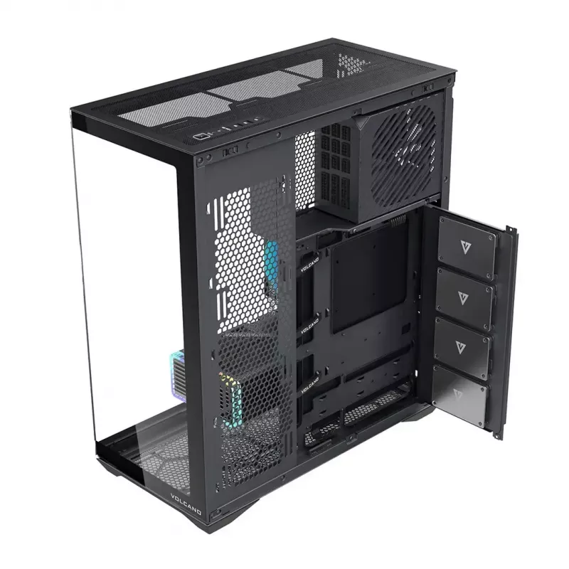 Full-Tower PC Case MODECOM Volcano SPACE XL NF — Must, karastatud klaas, ARGB, toetab micro-ATX, kuni 44 cm GPU, 3×3,5 tolli/4×2,5 tolli pesa, USB-A 2×, USB-C 1×