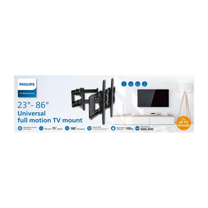 Philips SQM9640/00 põrandastatiiv telerile 58,4 cm kuni 2,18 m (23 inch kuni 86 inch), kuni 55 kg, VESA 200x100 kuni 600x400, kaldenurk ±15°, pööramine 180° — Must