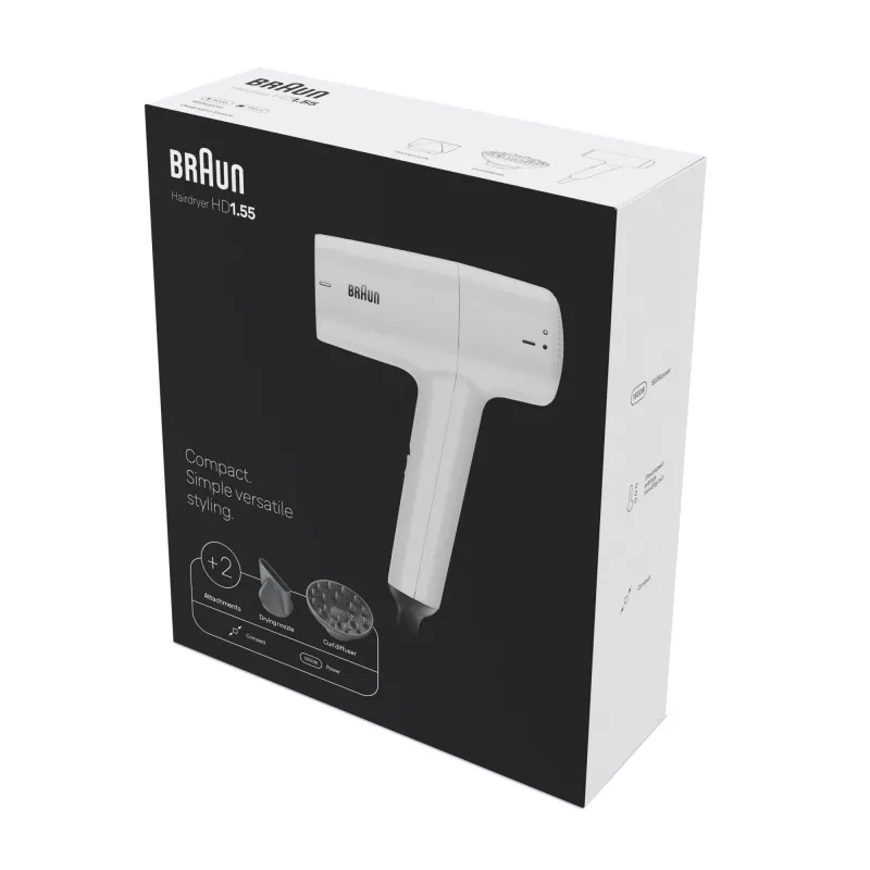 Föön BRAUN HD1.55 — 1800 W, 2 kuumusastet, Cool shot, 1,8 m juhe, valge