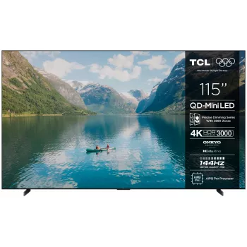 115-tolline TCL 115C7K 4K Ultra HD QD‑Mini LED nutiteler, 3840×2160, 3000 cd/m², PPI 4600, Wi‑Fi, Ethernet, DVB