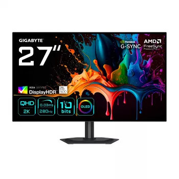 GIGABYTE MO27Q28G 27-tolline OLED QHD mängurimonitor - 2560 x 1440, 280 Hz, 0,03 ms, 335 cd/m², Display HDR True Must 500, HDMI 2.1, DisplayPort 1.4