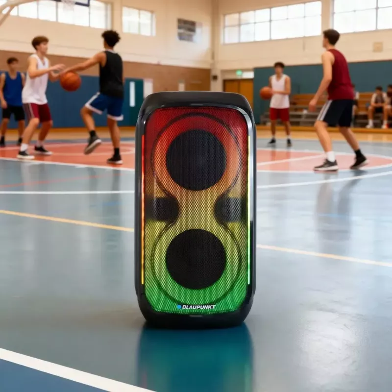 Kõlarisüsteem BLAUPUNKT PB60X — 120W RMS, Bluetooth A2DP, FM, LED-ekraan, 7000mAh aku, 18h, AUX, kaugjuhtimispult, 568×322×321 mm