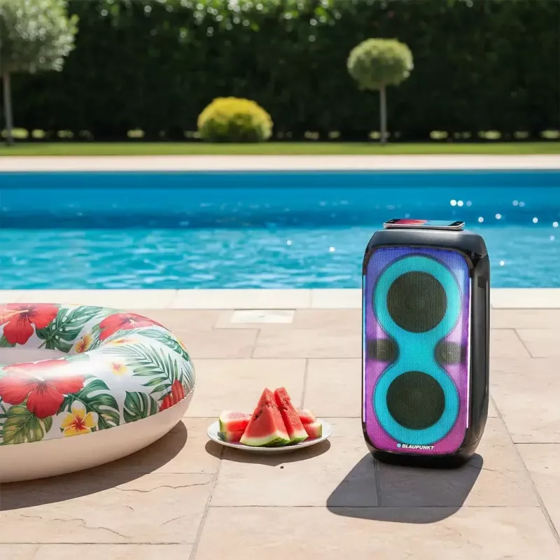 Kõlarisüsteem BLAUPUNKT PB60X — 120W RMS, Bluetooth A2DP, FM, LED-ekraan, 7000mAh aku, 18h, AUX, kaugjuhtimispult, 568×322×321 mm