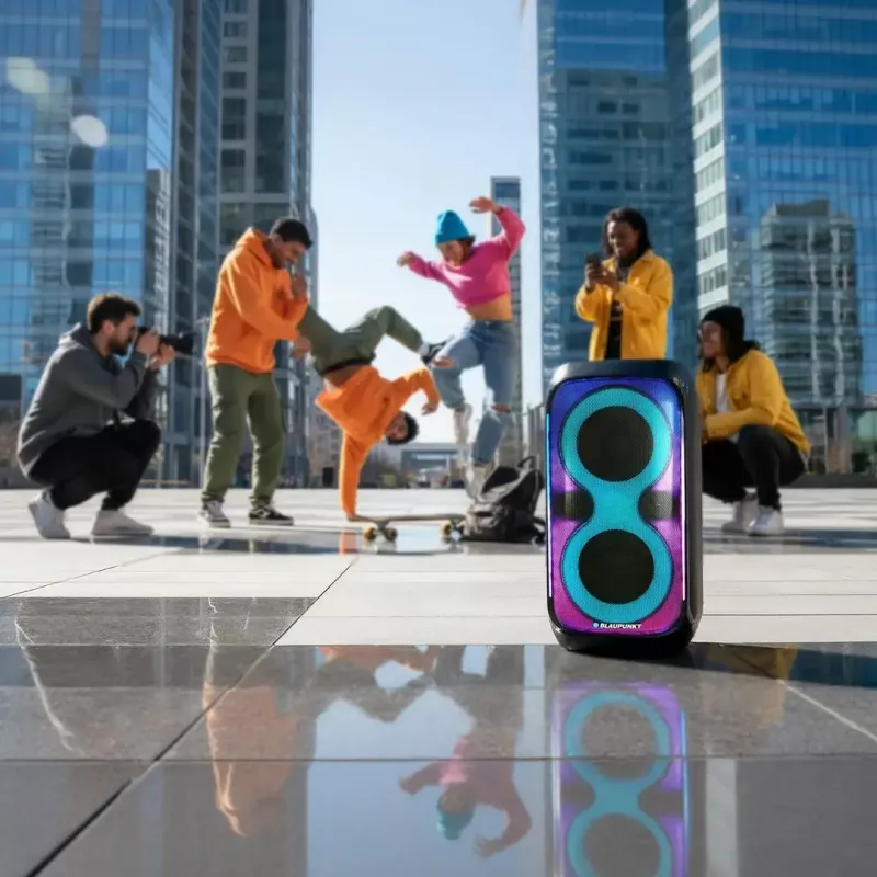 Kõlarisüsteem BLAUPUNKT PB60X — 120W RMS, Bluetooth A2DP, FM, LED-ekraan, 7000mAh aku, 18h, AUX, kaugjuhtimispult, 568×322×321 mm