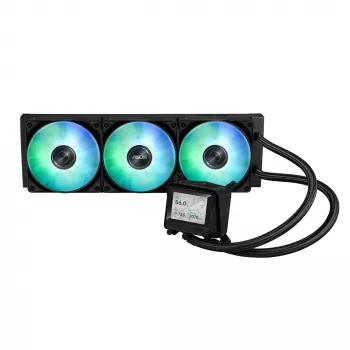 Universaalne vedelikjahuti ASUS MAX GAMING LC 360 ARGB LCD — 360 mm radiaator, 120 mm ventilaatorid, toetab AM4/AM5/LGA1700, must