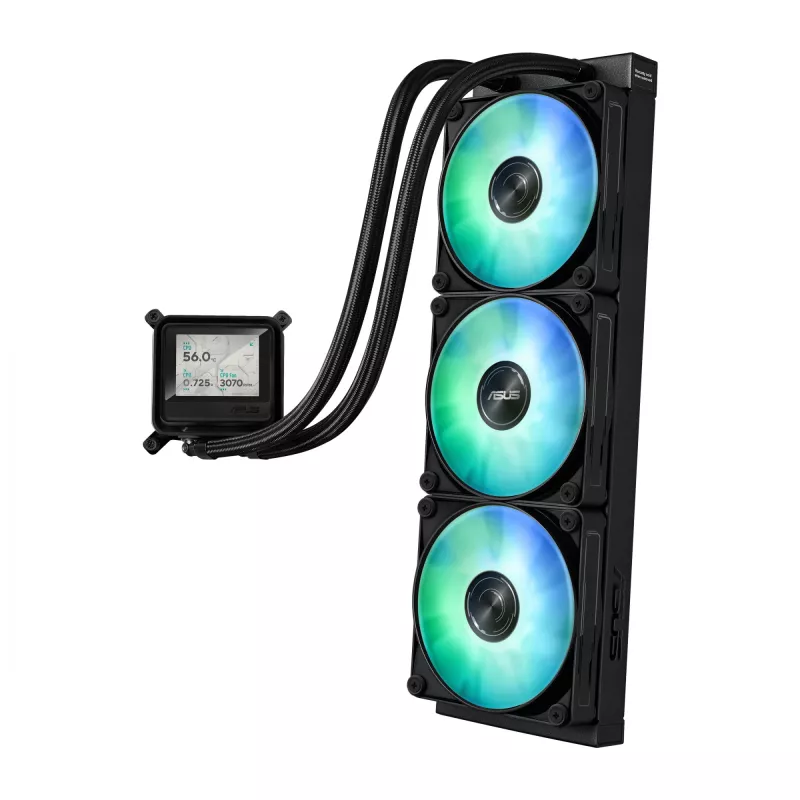 Universaalne vedelikjahuti ASUS MAX GAMING LC 360 ARGB LCD — 360 mm radiaator, 120 mm ventilaatorid, toetab AM4/AM5/LGA1700, must
