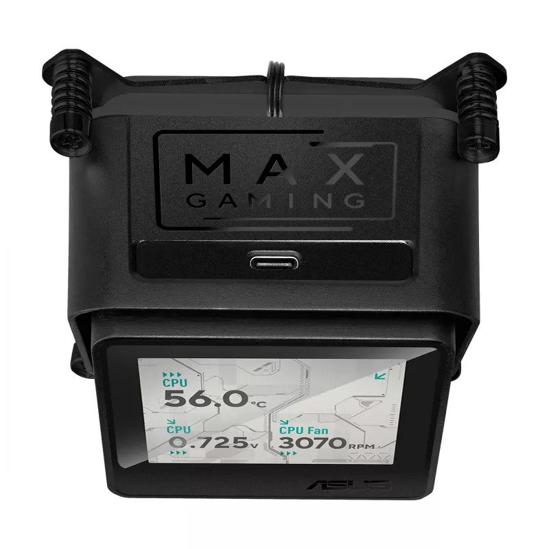 Universaalne vedelikjahuti ASUS MAX GAMING LC 360 ARGB LCD — 360 mm radiaator, 120 mm ventilaatorid, toetab AM4/AM5/LGA1700, must
