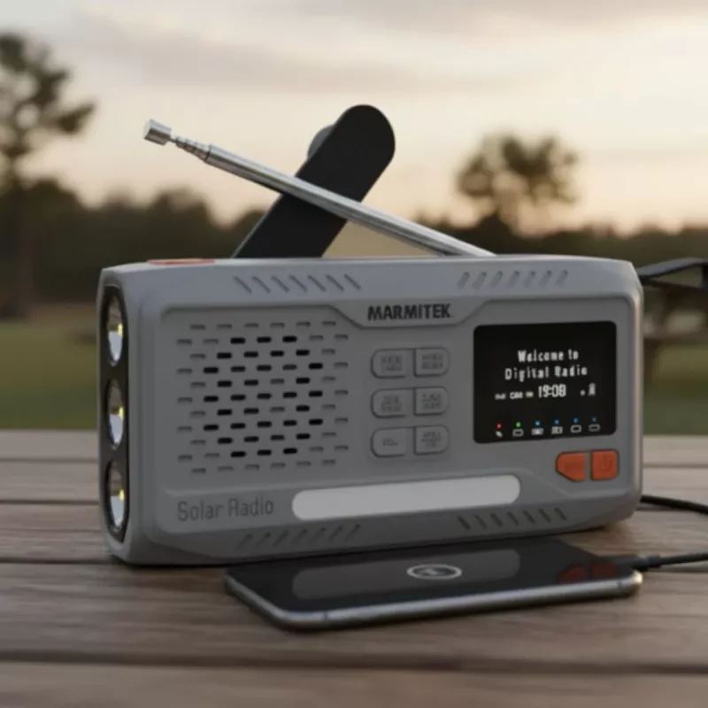 Kaasaskantav väntraadio Marmitek RESQ 100 — DAB/DAB+/FM, 3 W, LCD, USB‑C, 3,5 mm pesa, helehall