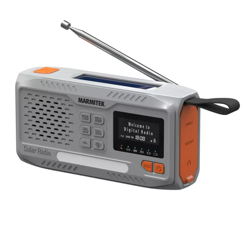 Kaasaskantav väntraadio Marmitek RESQ 100 — DAB/DAB+/FM, 3 W, LCD, USB‑C, 3,5 mm pesa, helehall