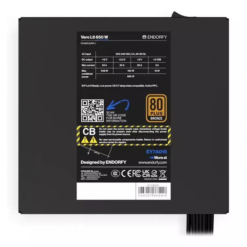Toiteplokk ENDORFY Vero L6 650 W ATX 24-kontaktiline, 80 PLUS Bronze, 120 mm ventilaator, must