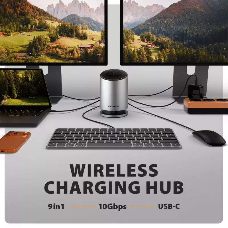 AXAGON HMC-WL9 USB-C 9‑in‑1 dokkimisjaam koos 10 Gbps, 100 W PD, 8K HDMI, Etherneti ja juhtmevaba laadimisega