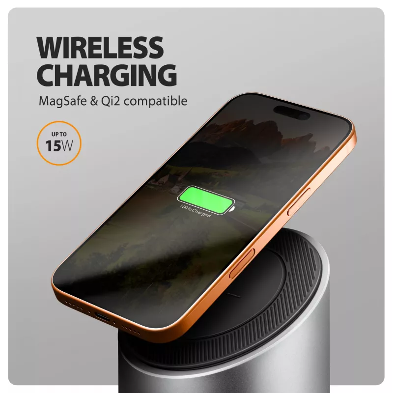 AXAGON HMC-WL9 USB-C 9‑in‑1 dokkimisjaam koos 10 Gbps, 100 W PD, 8K HDMI, Etherneti ja juhtmevaba laadimisega