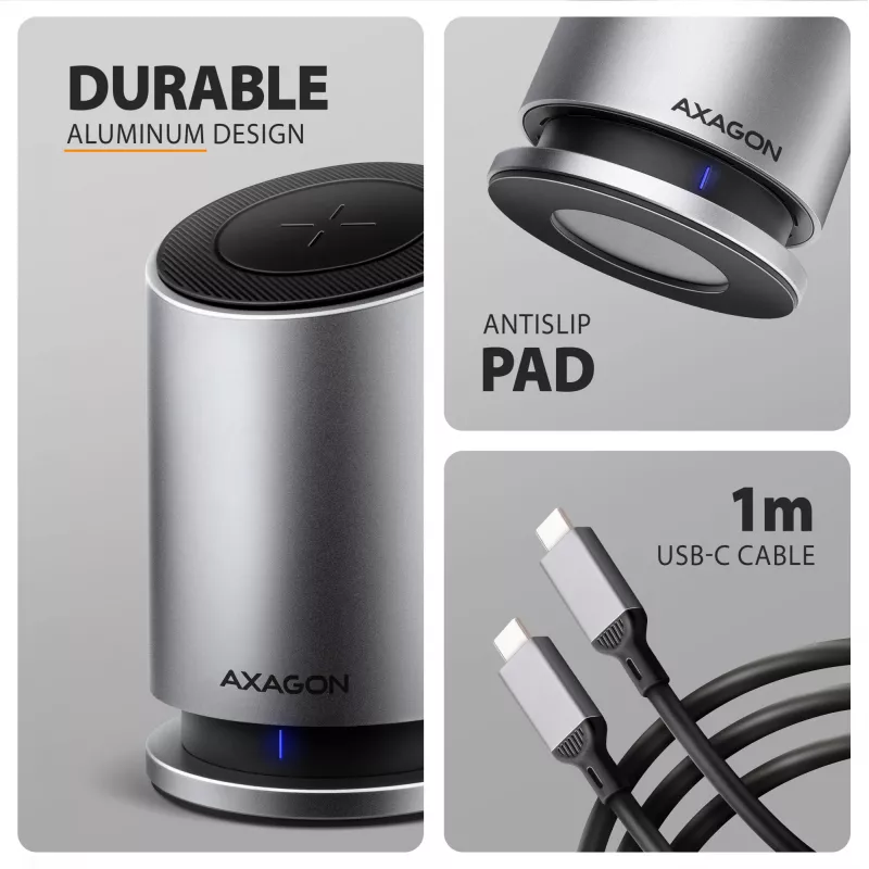 AXAGON HMC-WL9 USB-C 9‑in‑1 dokkimisjaam koos 10 Gbps, 100 W PD, 8K HDMI, Etherneti ja juhtmevaba laadimisega