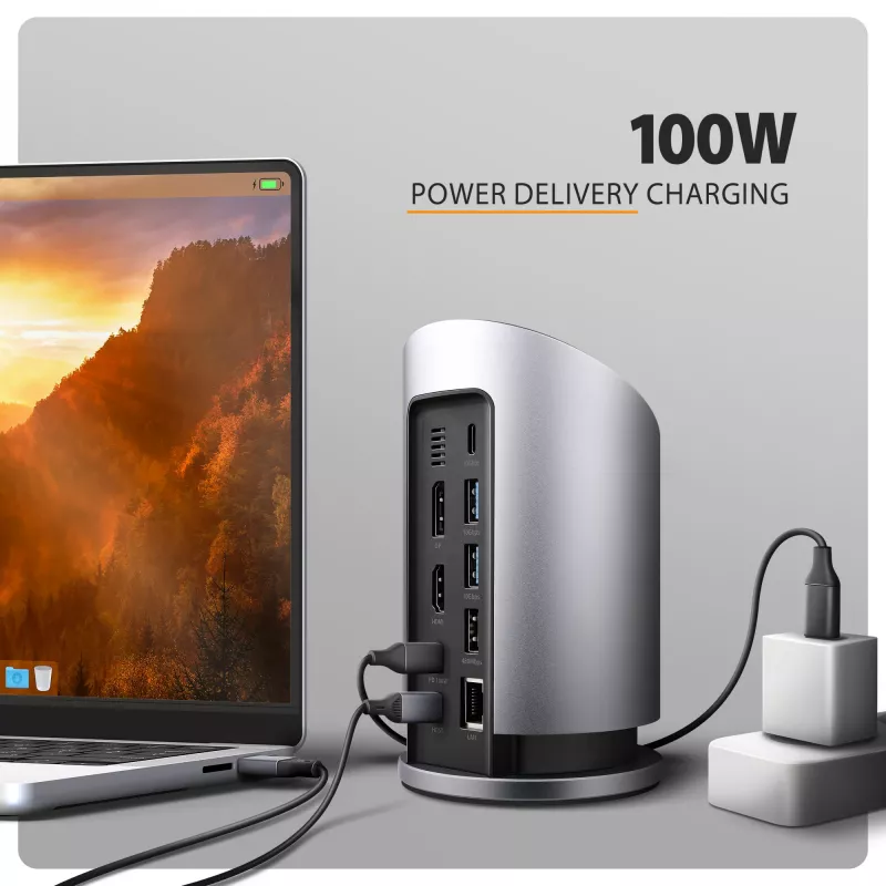 AXAGON HMC-WL9 USB-C 9‑in‑1 dokkimisjaam koos 10 Gbps, 100 W PD, 8K HDMI, Etherneti ja juhtmevaba laadimisega
