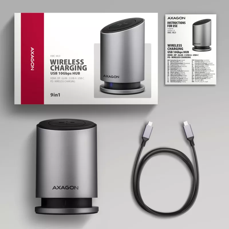 AXAGON HMC-WL9 USB-C 9‑in‑1 dokkimisjaam koos 10 Gbps, 100 W PD, 8K HDMI, Etherneti ja juhtmevaba laadimisega
