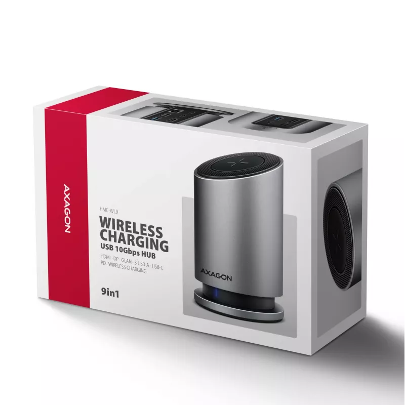 AXAGON HMC-WL9 USB-C 9‑in‑1 dokkimisjaam koos 10 Gbps, 100 W PD, 8K HDMI, Etherneti ja juhtmevaba laadimisega