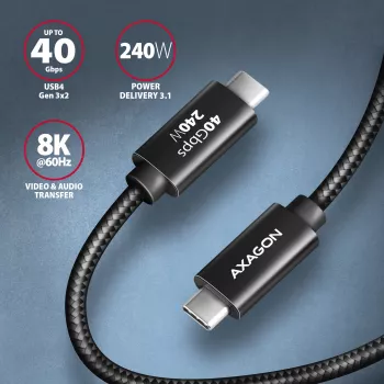 USB-C–USB-C kaabel AXAGON BUCM4X-CM05AB — USB4 Gen 3x2, 40 Gbit/s, 240 W, 0,5 m, must
