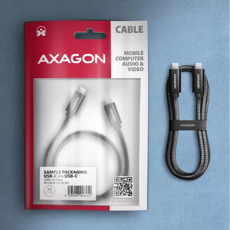 USB-C–USB-C kaabel AXAGON BUCM4X-CM05AB — USB4 Gen 3x2, 40 Gbit/s, 240 W, 0,5 m, must