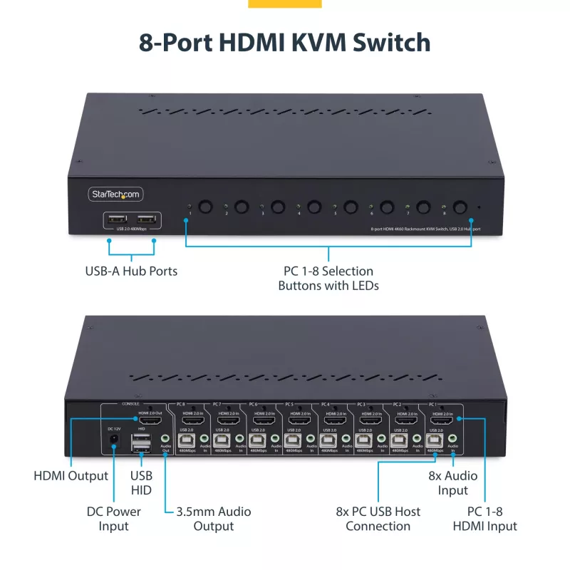StarTech.com 8-pordiline HDMI KVM-lüliti koos 1U rack-kinnituskomplektiga, 4K 60Hz HDMI 2.0, nupuvajutuse ja kiirklahviga lülitamine, 4-pordiline USB-jaotur, OS-sõltumatu, TAA-le vastav