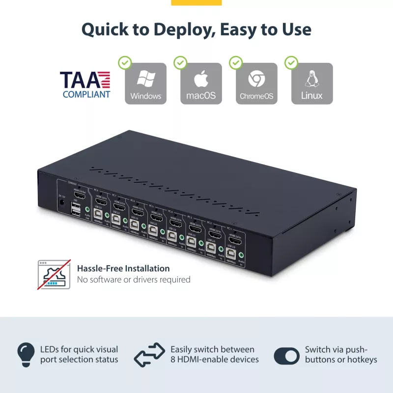 StarTech.com 8-pordiline HDMI KVM-lüliti koos 1U rack-kinnituskomplektiga, 4K 60Hz HDMI 2.0, nupuvajutuse ja kiirklahviga lülitamine, 4-pordiline USB-jaotur, OS-sõltumatu, TAA-le vastav