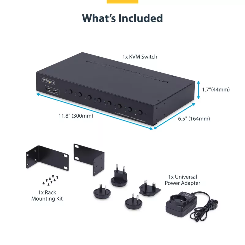 StarTech.com 8-pordiline HDMI KVM-lüliti koos 1U rack-kinnituskomplektiga, 4K 60Hz HDMI 2.0, nupuvajutuse ja kiirklahviga lülitamine, 4-pordiline USB-jaotur, OS-sõltumatu, TAA-le vastav