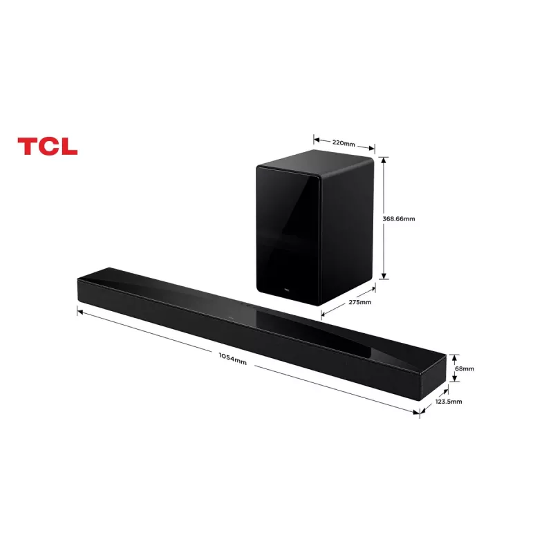 TCL Q75H heliriba, 620 W, 5.1.2 kanalit, juhtmevaba aktiivse bassikõlariga, HDMI 2.1, Bluetooth 5.3, Wi‑Fi 5, 1040×110×58 mm