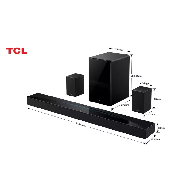 TCL Q Q85H Class 7.1.4 kanaliga heliriba koos Dolby Atmose, juhtmevaba bassikõlari ja juhtmevabade surround-kõlaritega
