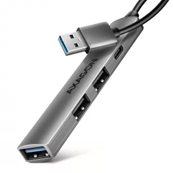 USB-jaotur AXAGON HUE-STA — 4-pordiline alumiiniumriba, 1× USB-A 5Gbps + 2× USB-A ja 1× USB-C 480Mbps, USB-A host, hall