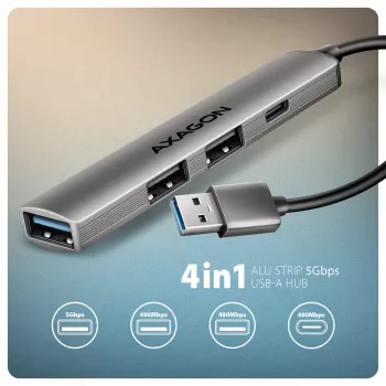 USB-jaotur AXAGON HUE-STA — 4-pordiline alumiiniumriba, 1× USB-A 5Gbps + 2× USB-A ja 1× USB-C 480Mbps, USB-A host, hall