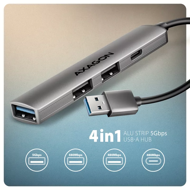 USB-jaotur AXAGON HUE-STA — 4-pordiline alumiiniumriba, 1× USB-A 5Gbps + 2× USB-A ja 1× USB-C 480Mbps, USB-A host, hall