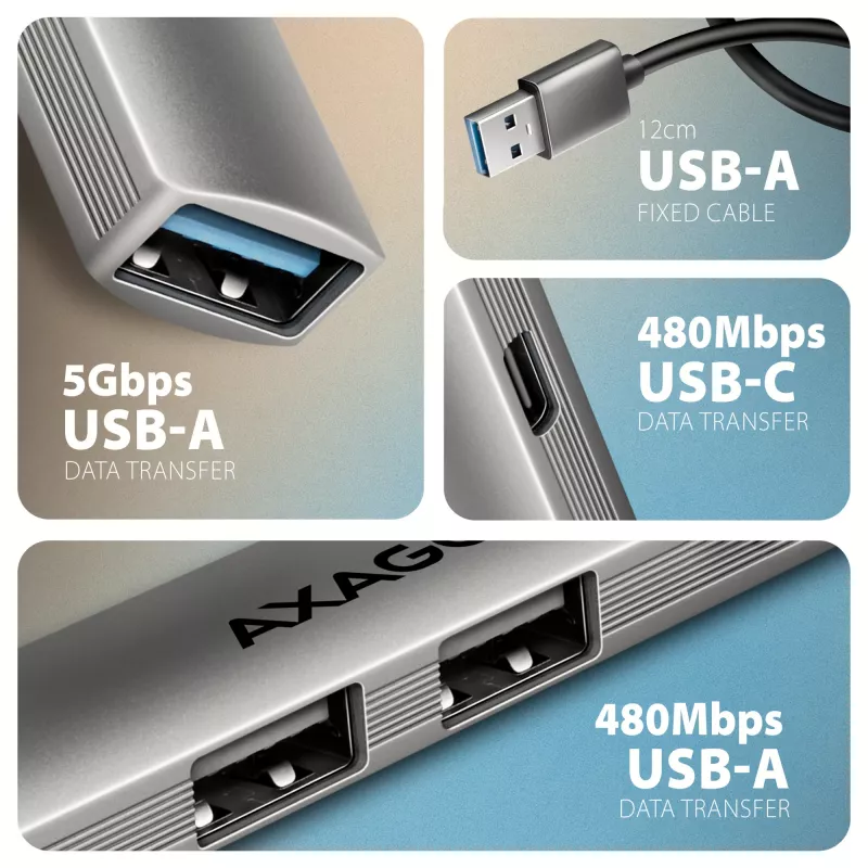 USB-jaotur AXAGON HUE-STA — 4-pordiline alumiiniumriba, 1× USB-A 5Gbps + 2× USB-A ja 1× USB-C 480Mbps, USB-A host, hall