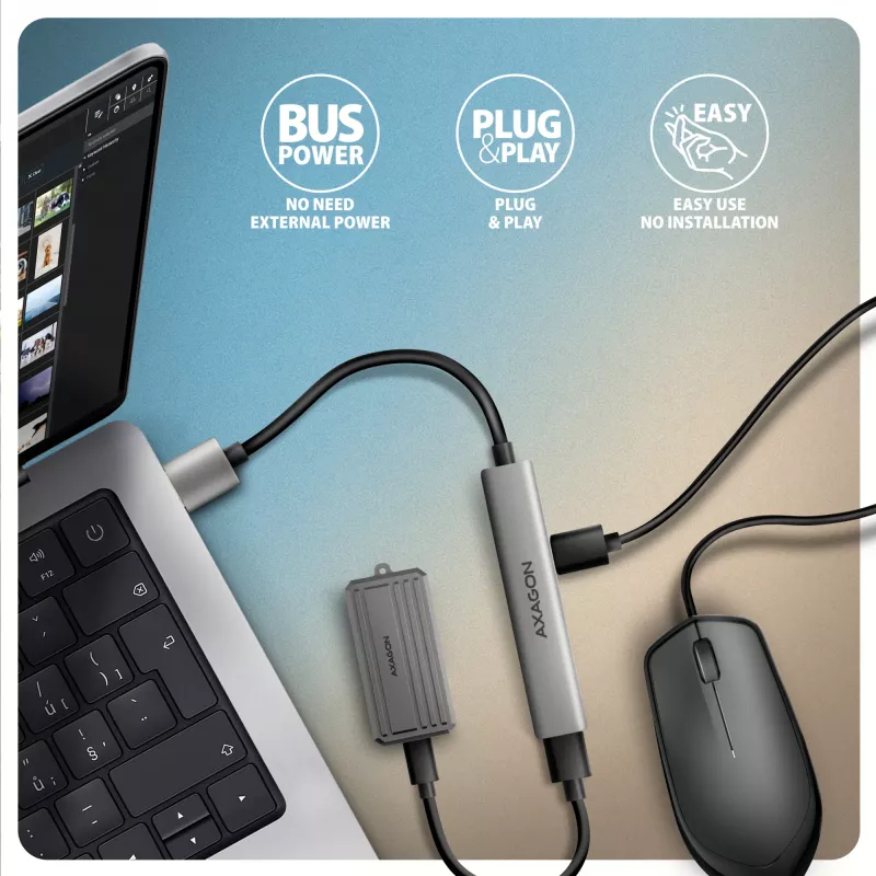 USB-jaotur AXAGON HUE-STA — 4-pordiline alumiiniumriba, 1× USB-A 5Gbps + 2× USB-A ja 1× USB-C 480Mbps, USB-A host, hall