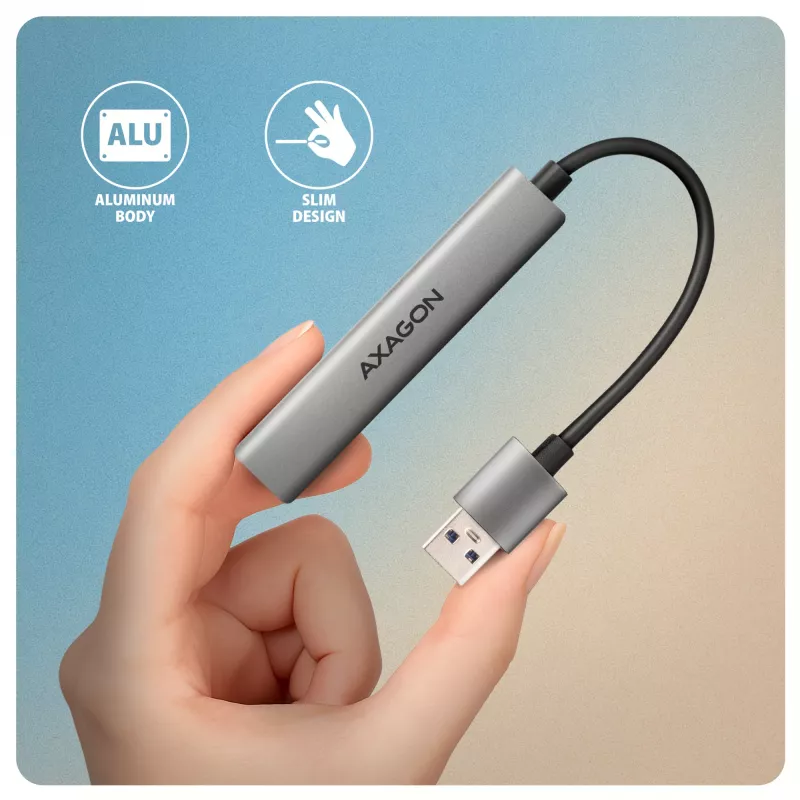 USB-jaotur AXAGON HUE-STA — 4-pordiline alumiiniumriba, 1× USB-A 5Gbps + 2× USB-A ja 1× USB-C 480Mbps, USB-A host, hall