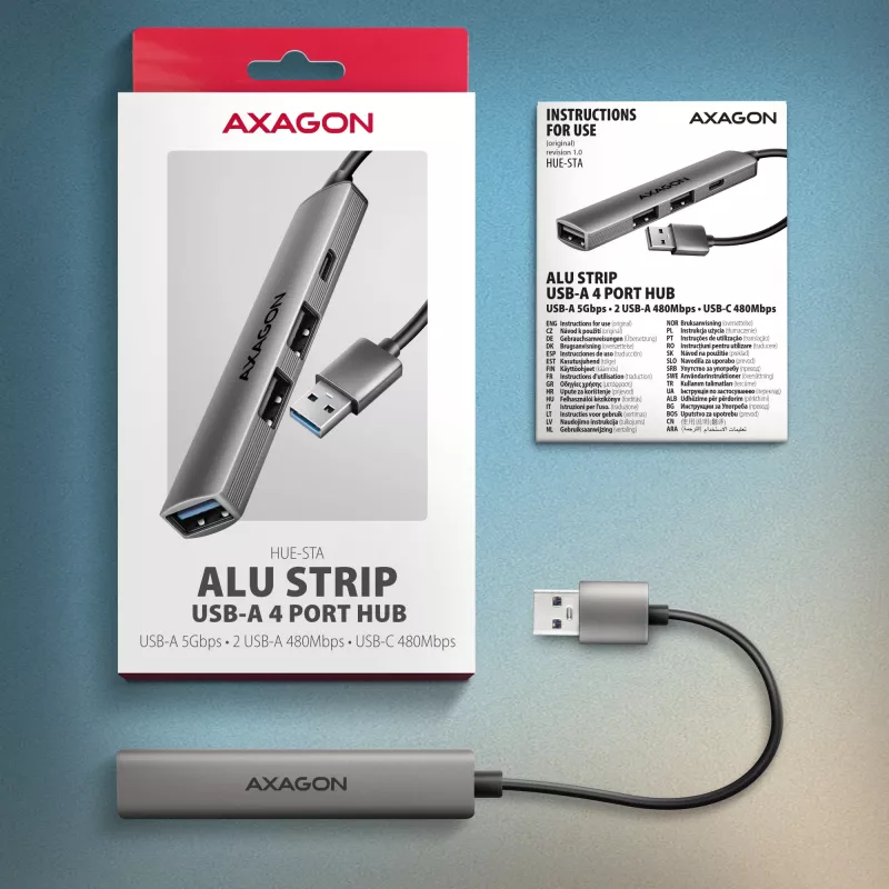 USB-jaotur AXAGON HUE-STA — 4-pordiline alumiiniumriba, 1× USB-A 5Gbps + 2× USB-A ja 1× USB-C 480Mbps, USB-A host, hall