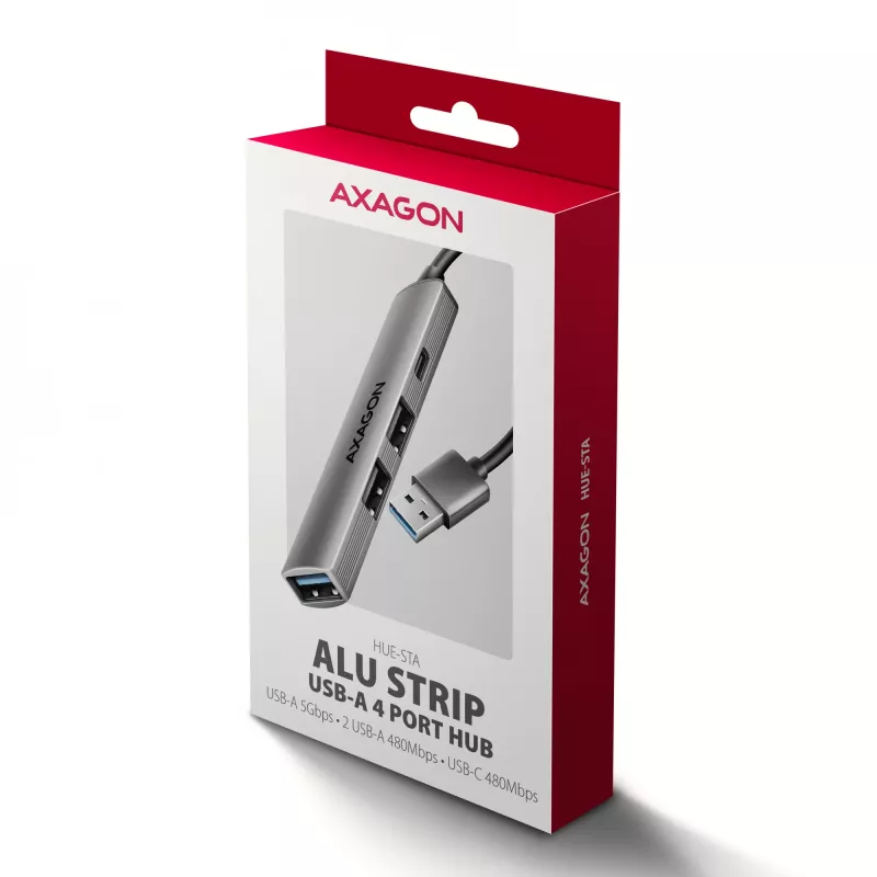 USB-jaotur AXAGON HUE-STA — 4-pordiline alumiiniumriba, 1× USB-A 5Gbps + 2× USB-A ja 1× USB-C 480Mbps, USB-A host, hall