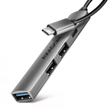 USB-jaotur AXAGON HUE-STC, 4-pordiline alumiiniumriba, 1x USB-A 5 Gbps + 2x USB-A & 1x USB-C 480 Mbps, USB-C host, 12 cm kaabel, hall